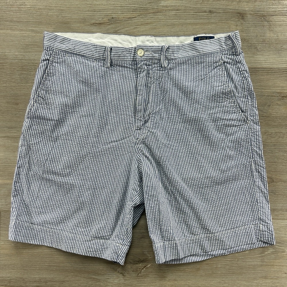 Polo Ralph Lauren 9" Seersucker Shorts Mens 36 Stretch‎ Straight Fit Chino Blue